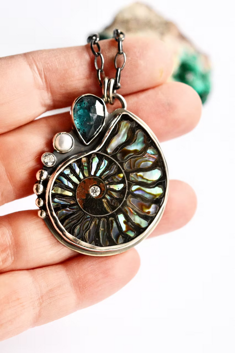 Ammonite Necklace with Abalone Inlay and Kyanite