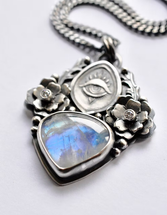 Moonstone Guardian Talisman - Whimsical Evil Eye Necklace
