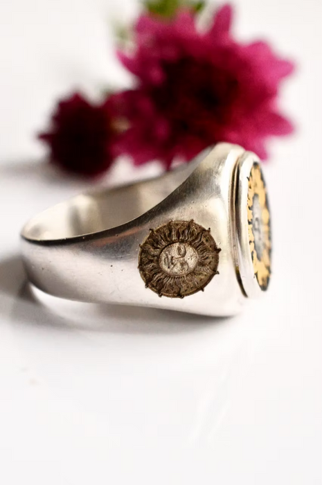Solaris- Signet Ring Sand Cast in Silver with Gold