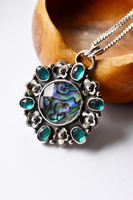 Tide Pool Bloom- Teal Kyanite and Abalone Necklace
