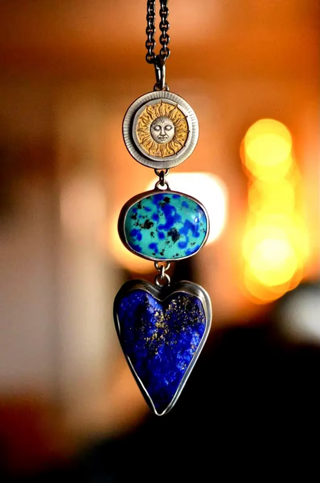 Lapis Lazuli Heart Necklace with Etched Reverse Side, Celestial Style, Talisman