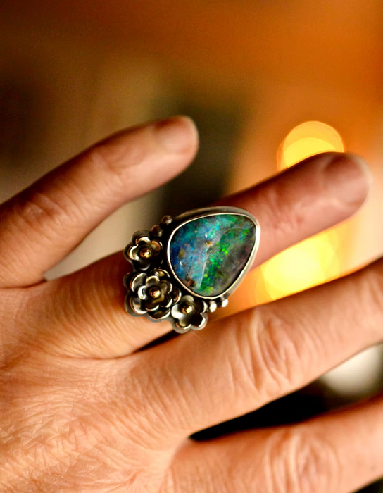 Boulder Opal Ring with Floral Details