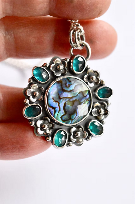 Tide Pool Bloom- Teal Kyanite and Abalone Necklace