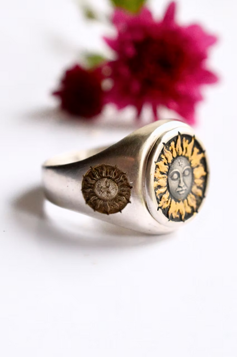 Solaris- Signet Ring Sand Cast in Silver with Gold