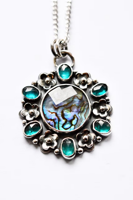 Tide Pool Bloom- Teal Kyanite and Abalone Necklace