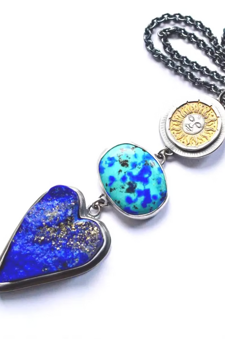 Lapis Lazuli Heart Necklace with Etched Reverse Side, Celestial Style, Talisman