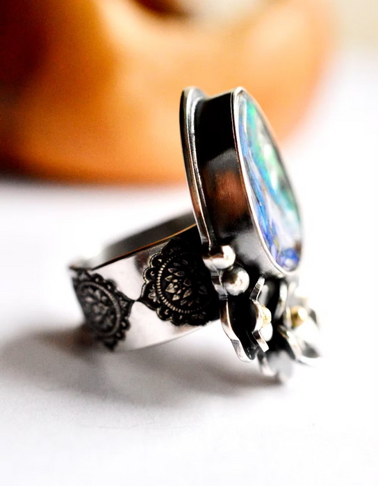 Boulder Opal Ring with Floral Details