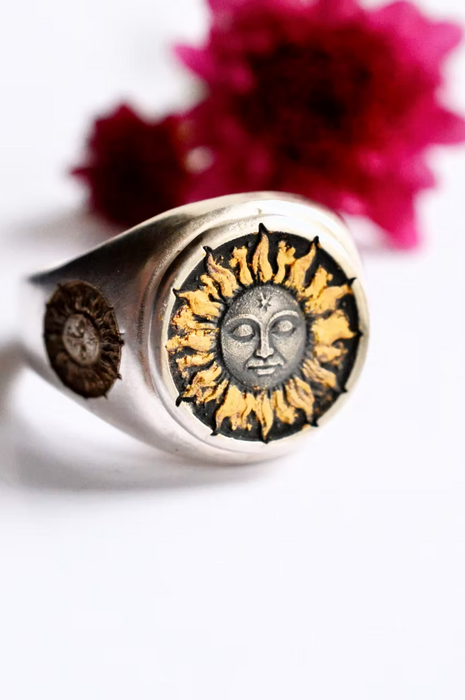 Solaris- Signet Ring Sand Cast in Silver with Gold