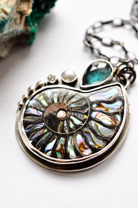 Ammonite Necklace with Abalone Inlay and Kyanite