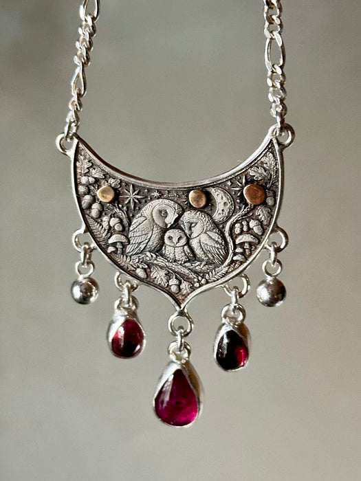 Woodland Whispers - Pink Tourmaline Owl Necklace