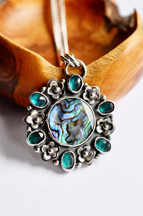 Tide Pool Bloom- Teal Kyanite and Abalone Necklace