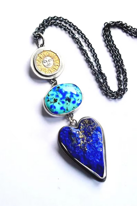 Lapis Lazuli Heart Necklace with Etched Reverse Side, Celestial Style, Talisman