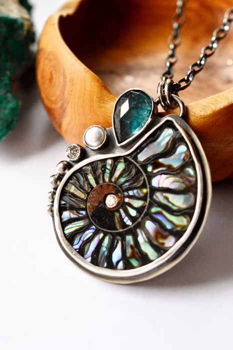 Ammonite Necklace with Abalone Inlay and Kyanite