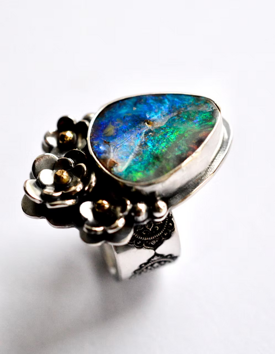 Boulder Opal Ring with Floral Details