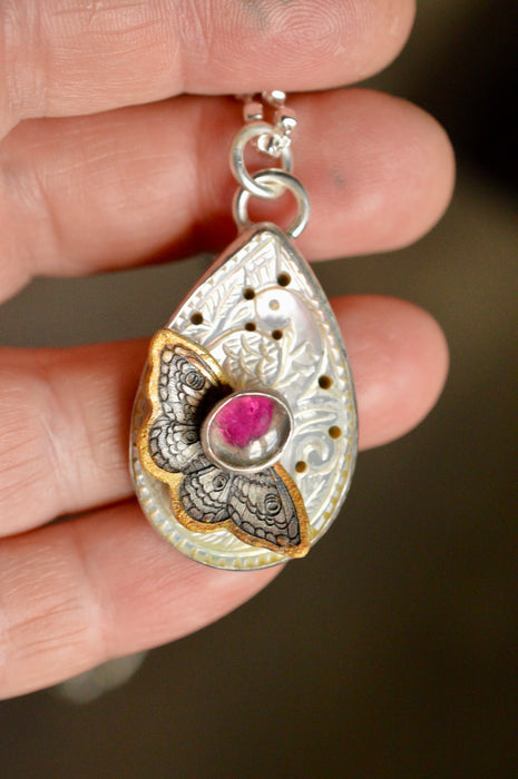 Rustic Style Carved Mother of Pearl Necklace with Tourmaline