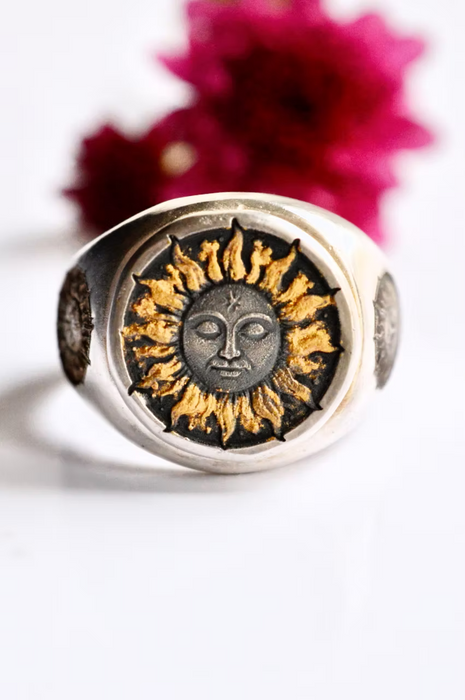 Solaris- Signet Ring Sand Cast in Silver with Gold