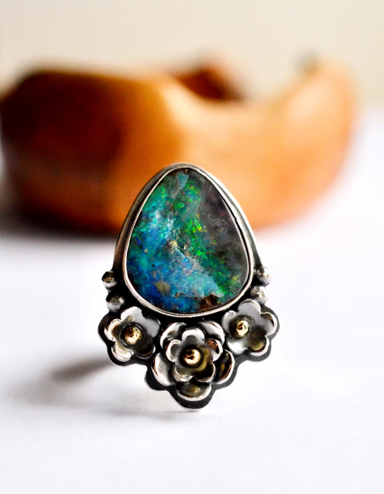 Boulder Opal Ring with Floral Details