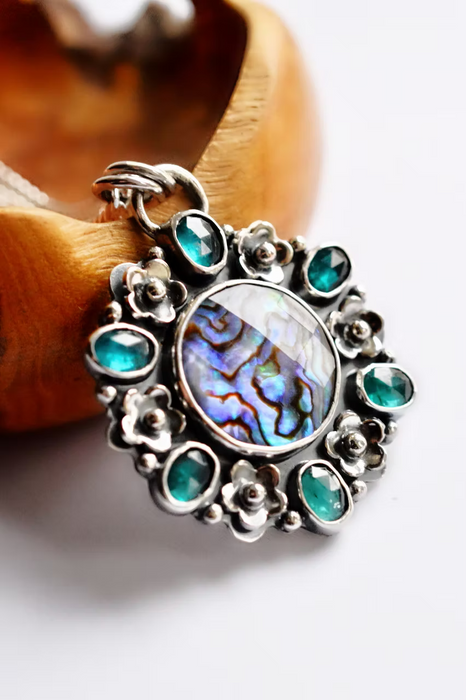 Tide Pool Bloom- Teal Kyanite and Abalone Necklace
