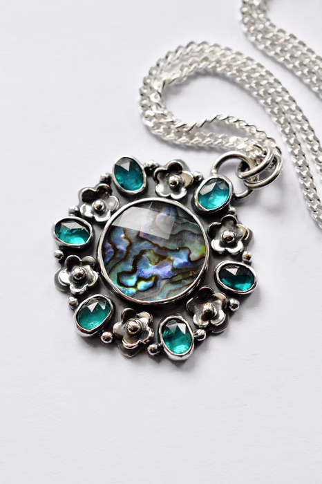 Tide Pool Bloom- Teal Kyanite and Abalone Necklace