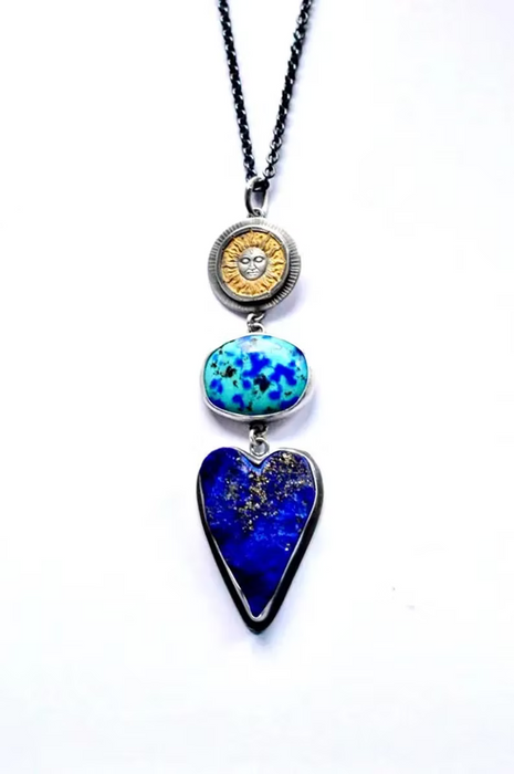 Lapis Lazuli Heart Necklace with Etched Reverse Side, Celestial Style, Talisman