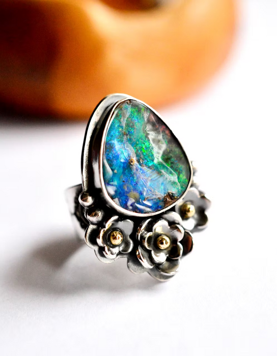 Boulder Opal Ring with Floral Details