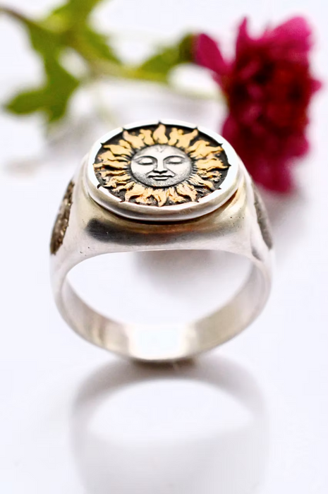 Solaris- Signet Ring Sand Cast in Silver with Gold