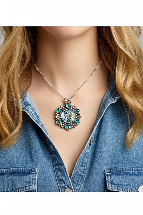 Tide Pool Bloom- Teal Kyanite and Abalone Necklace