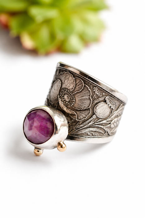 Pink Sapphire and Poppies Ring