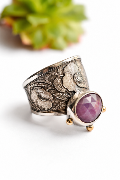 Pink Sapphire and Poppies Ring