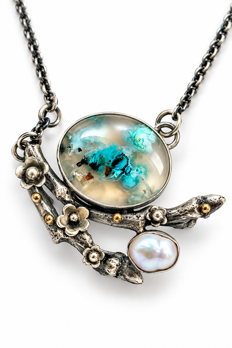 Aquadite & Pearl Woodland Necklace