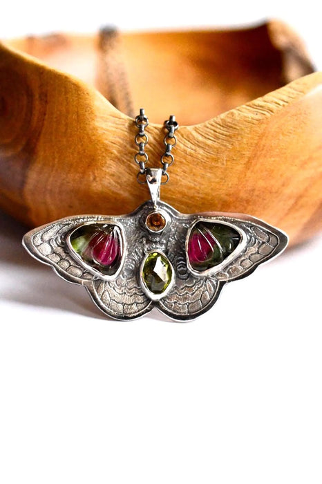 Carved Tourmaline Etched Butterfly Necklace