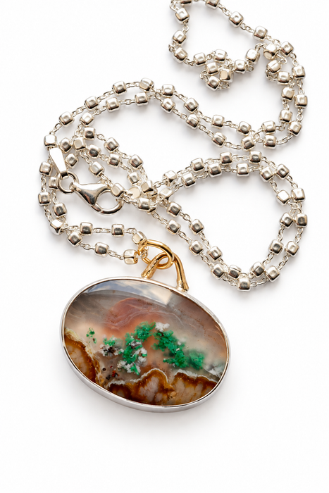 Oval Aquadite Landscape Necklace in Silver and Gold