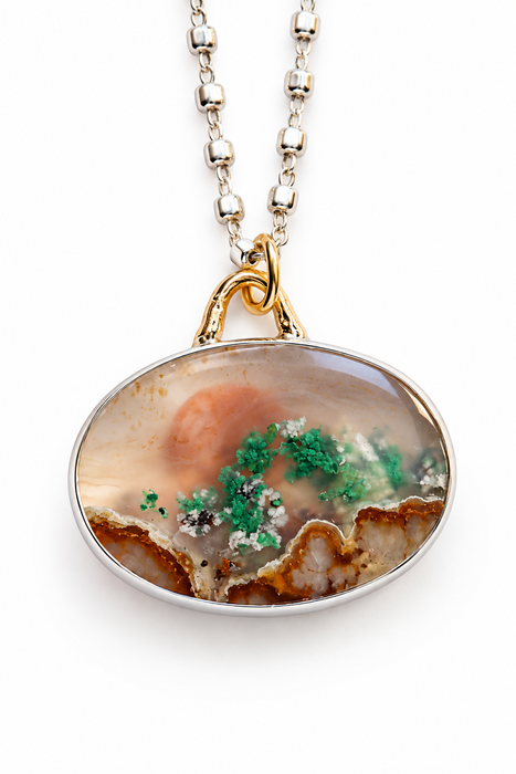 Oval Aquadite Landscape Necklace in Silver and Gold