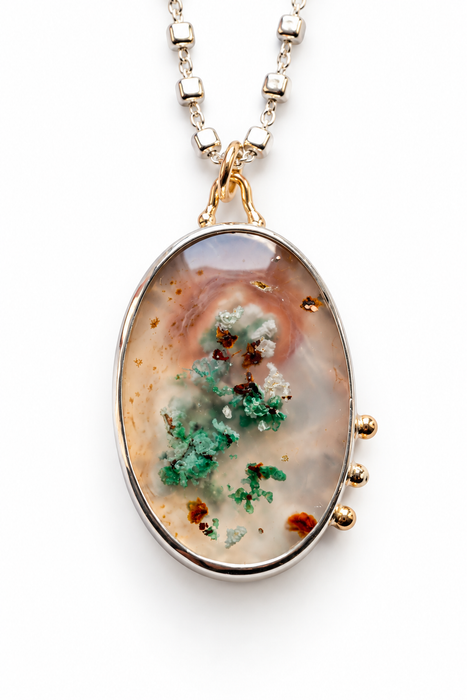 Oval Aquadite Landscape Necklace in Silver and Gold