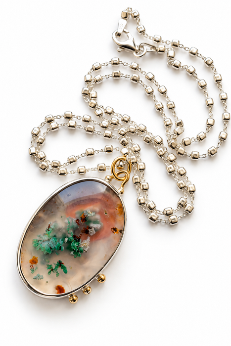 Oval Aquadite Landscape Necklace in Silver and Gold