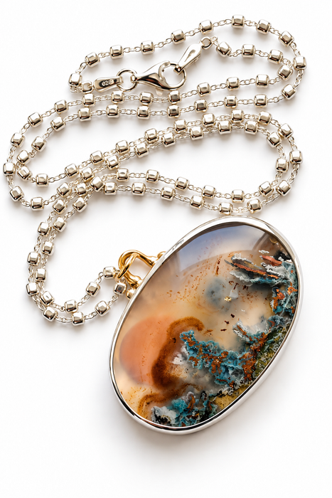 Statement Aquadite Landscape Necklace in Silver and Gold
