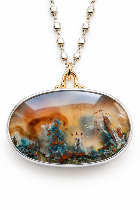 Statement Aquadite Landscape Necklace in Silver and Gold