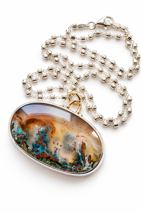 Statement Aquadite Landscape Necklace in Silver and Gold