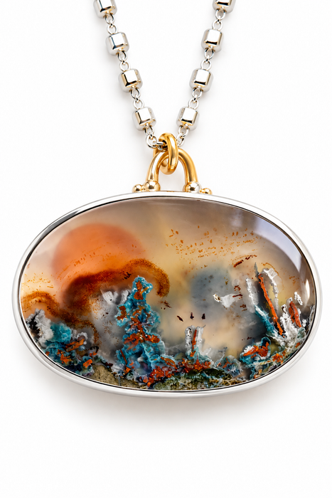 Statement Aquadite Landscape Necklace in Silver and Gold