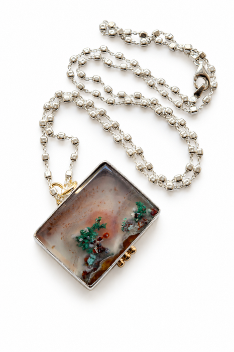 Square Aquadite Landscape Necklace in Silver and Gold