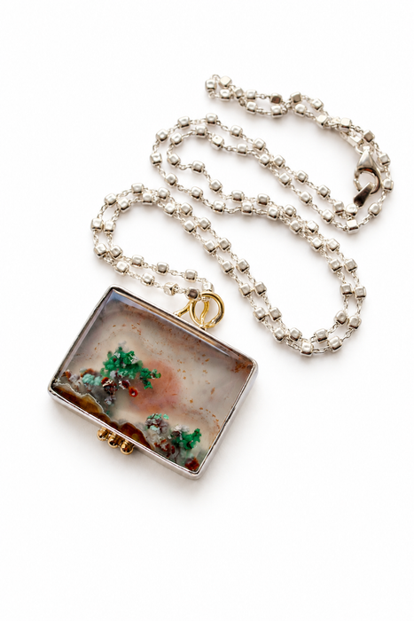 Square Aquadite Landscape Necklace in Silver and Gold