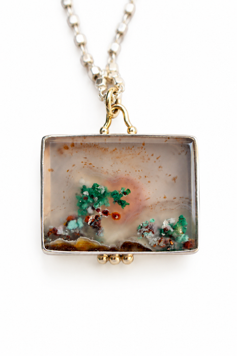 Square Aquadite Landscape Necklace in Silver and Gold