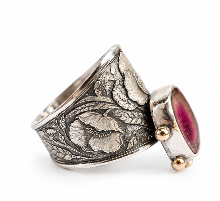 Watermelon Tourmaline & Poppies Ring