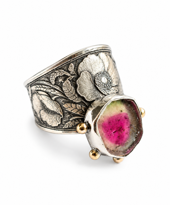 Watermelon Tourmaline & Poppies Ring