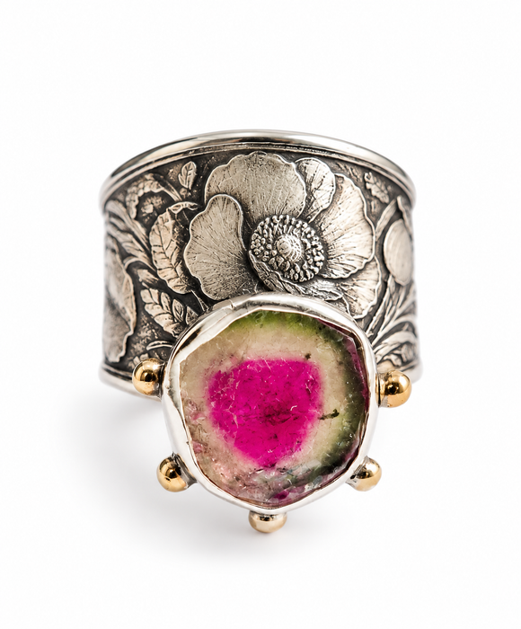Watermelon Tourmaline & Poppies Ring