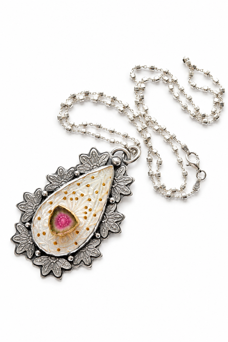 Carved Mother of Pearl and Tourmaline Necklace