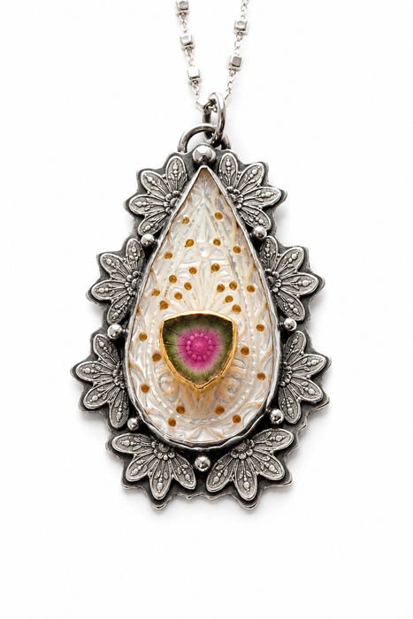 Carved Mother of Pearl and Tourmaline Necklace