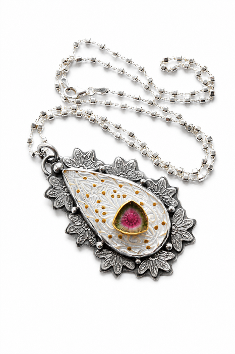 Carved Mother of Pearl and Tourmaline Necklace