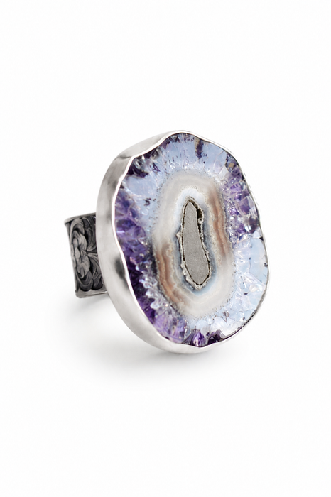 Amethyst Stalactite Ring in Textured Oxidized Silver