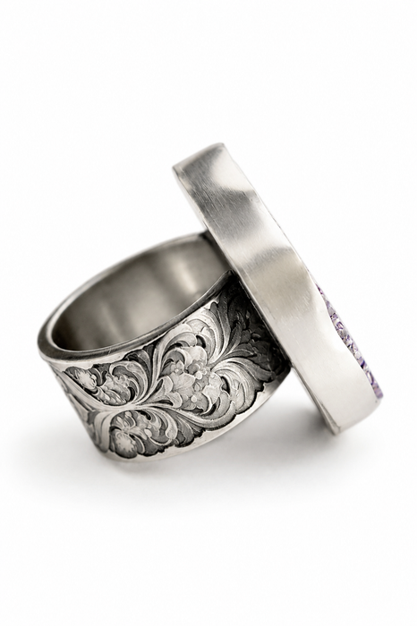 Amethyst Stalactite Ring in Textured Oxidized Silver